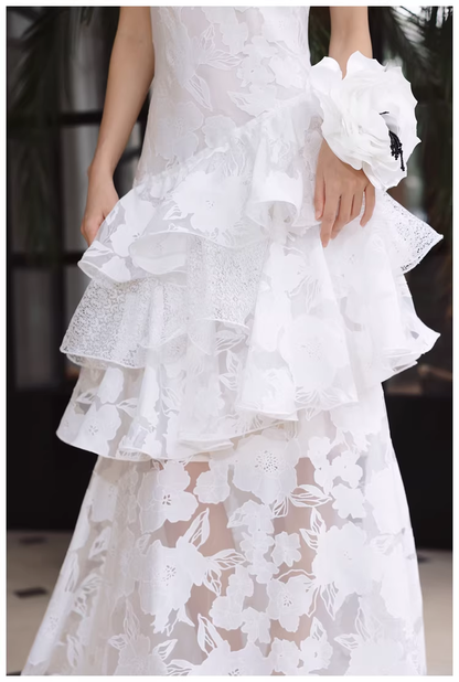 Fairy Spaghetti Strap White Lace Ruffle Layered Mermaid Long Prom Dress Evening Gowns D2426