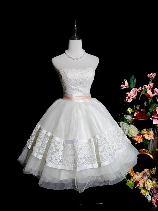 Sweet Strapless Lace Tulle Short Birthday Outfits,White Short 9th Grade Homecoming Dress D3164