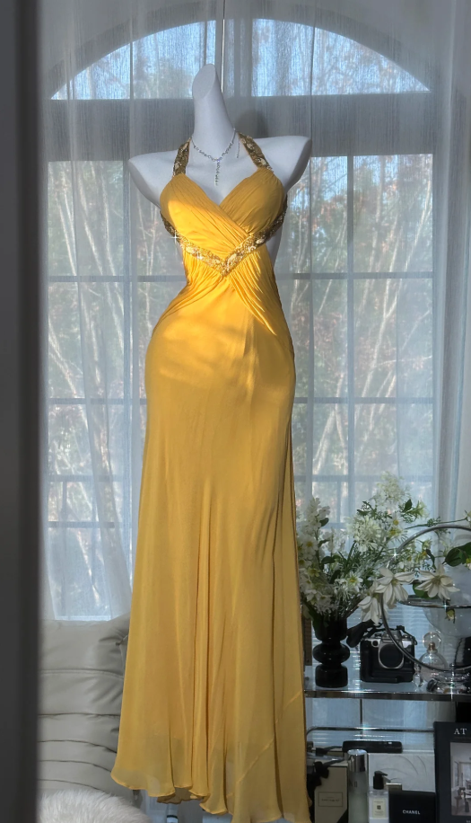 Classy Yellow V Neck Chiffon Beaded Mermaid Prom Dress Backless Long Birthday Party Dress D2293