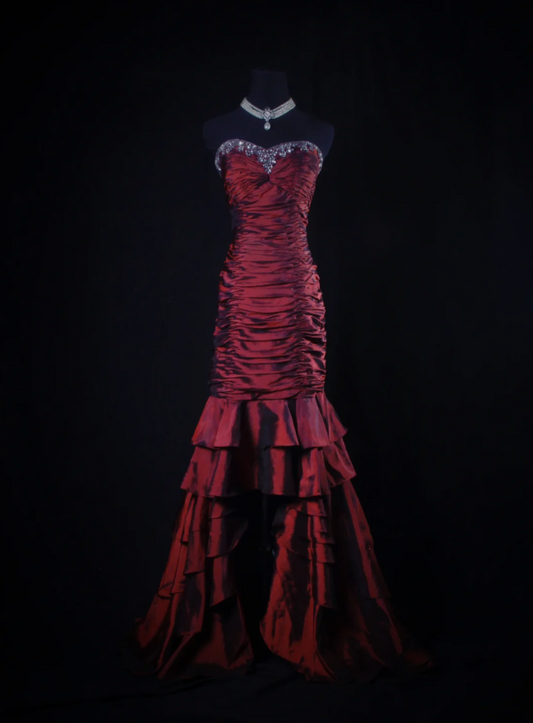 Vintage Strapless Burgundy Satin Pleated Mermaid Long Party Dress Prom Gown With Beads D2224