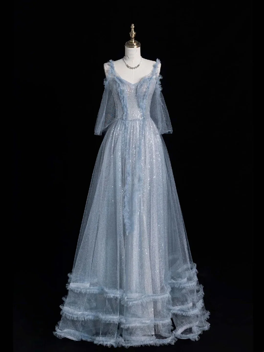 Beautiful Spaghetti Strap Blue Tulle Sequin Long Prom Dresses Evening Dresses D4828
