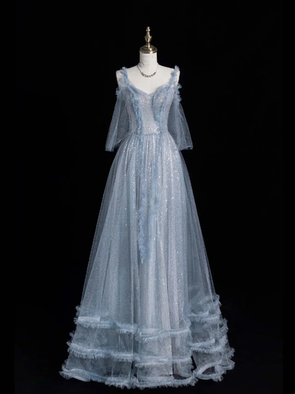 Beautiful Spaghetti Strap Blue Tulle Sequin Long Prom Dresses Evening Dresses D4828