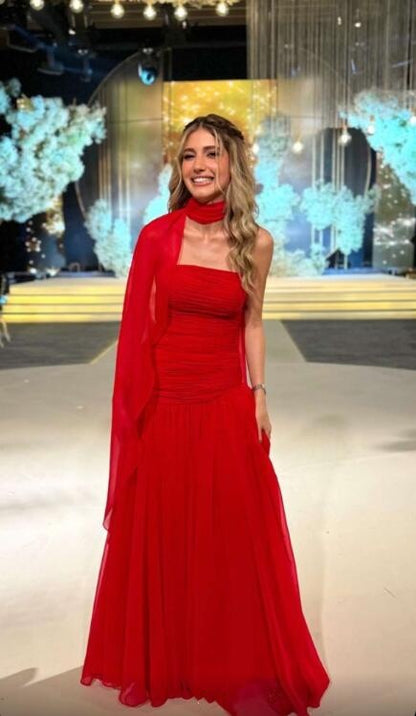 Beautiful Red Strapless Chiffon Long Evening Dress Formal Long Wedding Guest Dress D4580