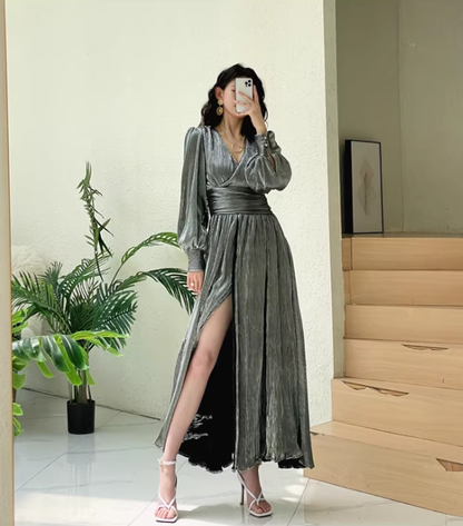 Unique Gold V Neck Satin Pleated Slit A Line Long Evening Dress Formal Wedding Guest Dress D2433