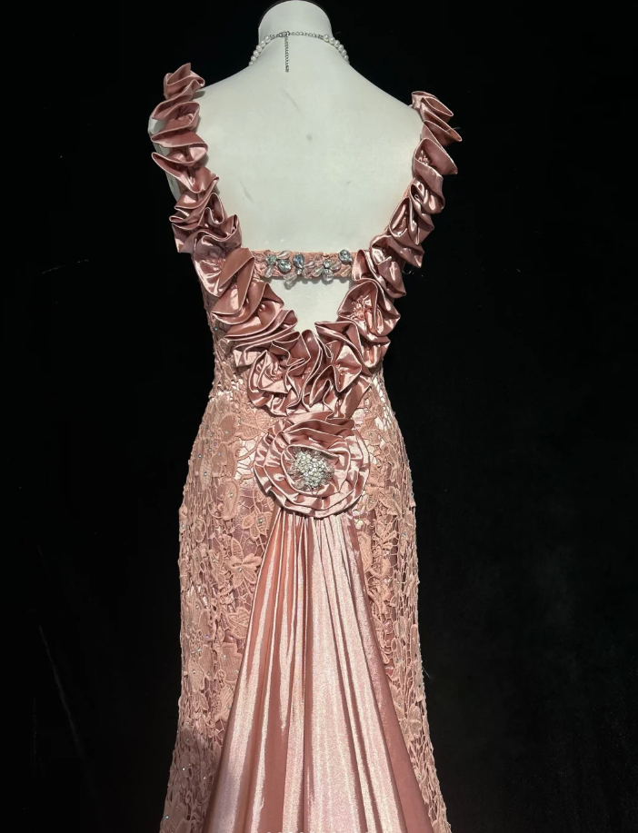 Pretty Pink V Neck Lace Mermaid Birthday Prom Dress Long evening Dress Party Gown D2063