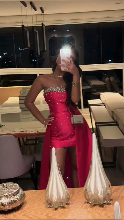 Gorgeous Hot Pink Strapless Satin Beaded Sheath Short Homecoming Dress Birthday Outfits D3228