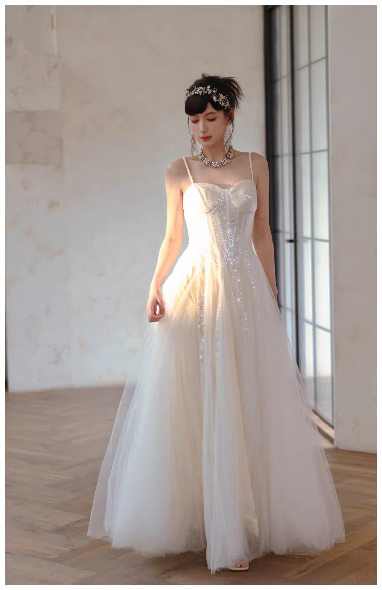 Classy Light Apricot Spaghetti Straps Tulle Sequin A Line Long Party Dress Evening Dress D2409