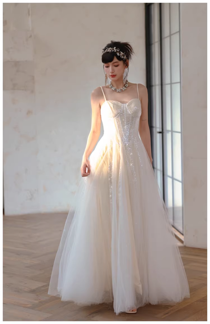 Classy Light Apricot Spaghetti Straps Tulle Sequin A Line Long Party Dress Evening Dress D2409