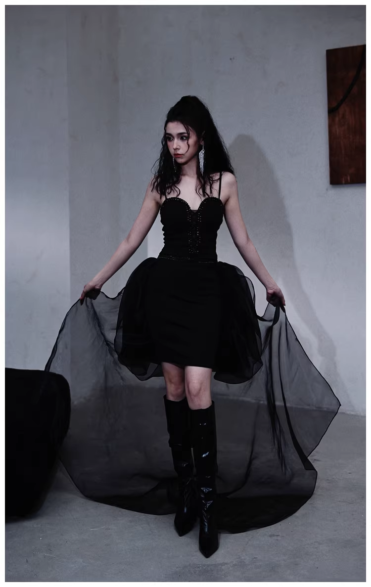 Gorgeous Black Organza Satin Beaded Long Party Dress Birthday Evening Dress D2445
