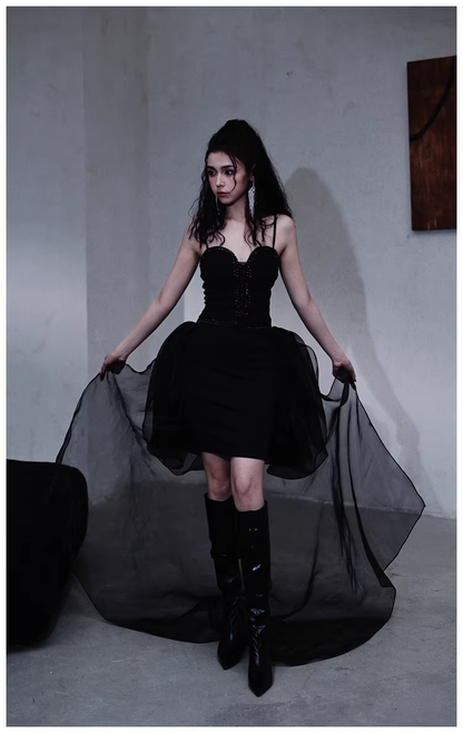 Gorgeous Black Organza Satin Beaded Long Party Dress Birthday Evening Dress D2445