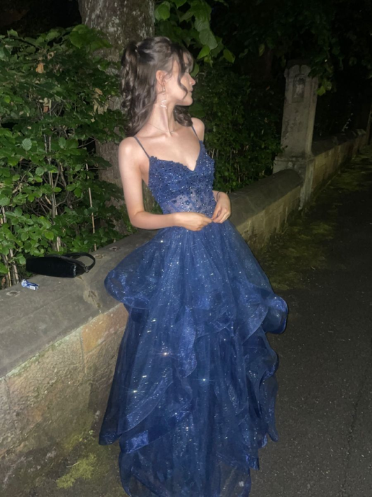 Shiny Spaghetti Straps Navy Blue Tulle Sequin Appliques Long Party Dress Evening Gown D1414