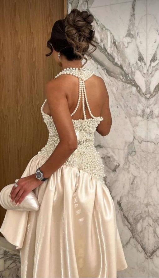 Gorgeous Halter Satin Pearls Beaded Long Party Dress Prom Dress D4573
