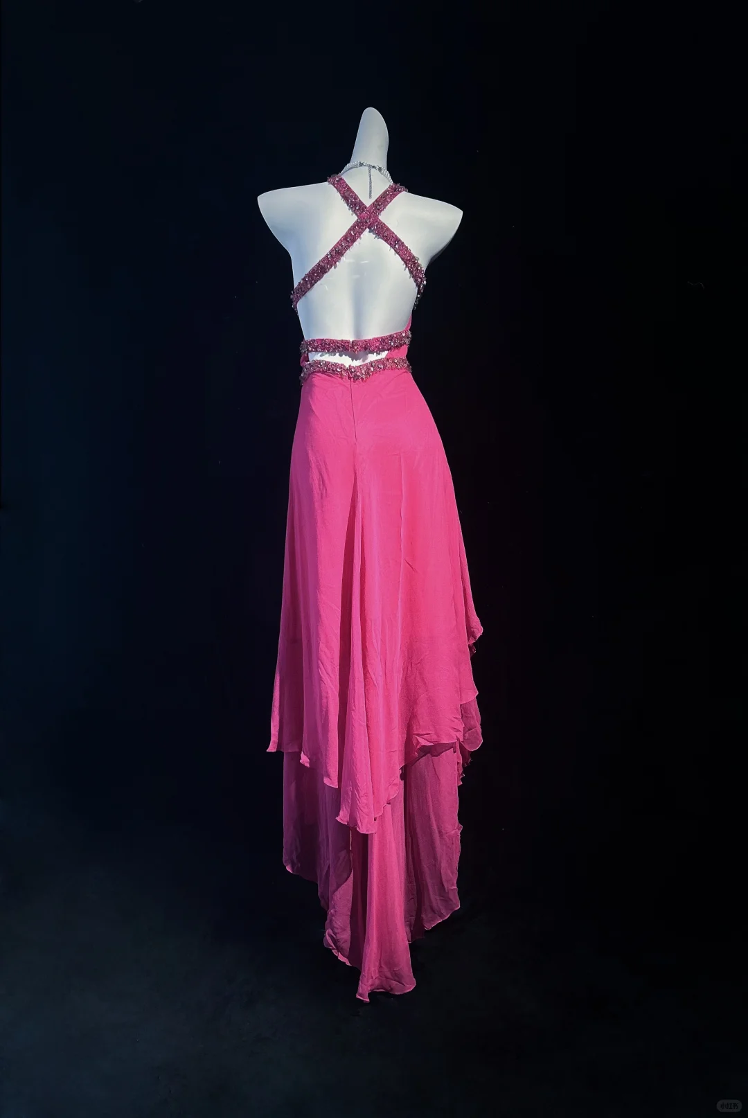 Elegant Hot Pink Chiffon Beaded Mermaid Long Party Dress,Halter V Neck Prom Gowns D2842