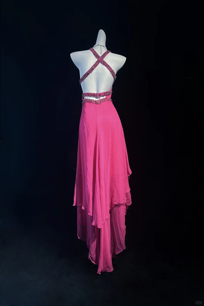 Elegant Hot Pink Chiffon Beaded Mermaid Long Party Dress,Halter V Neck Prom Gowns D2842