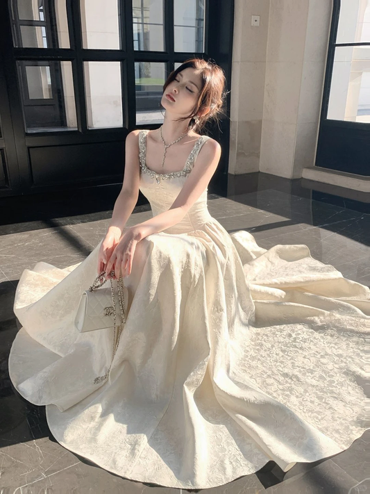 Pretty Spaghetti Straps White Beaded Satin Print Floral A Line Long Wedding Guest Dress Formal Evening Dress D2494