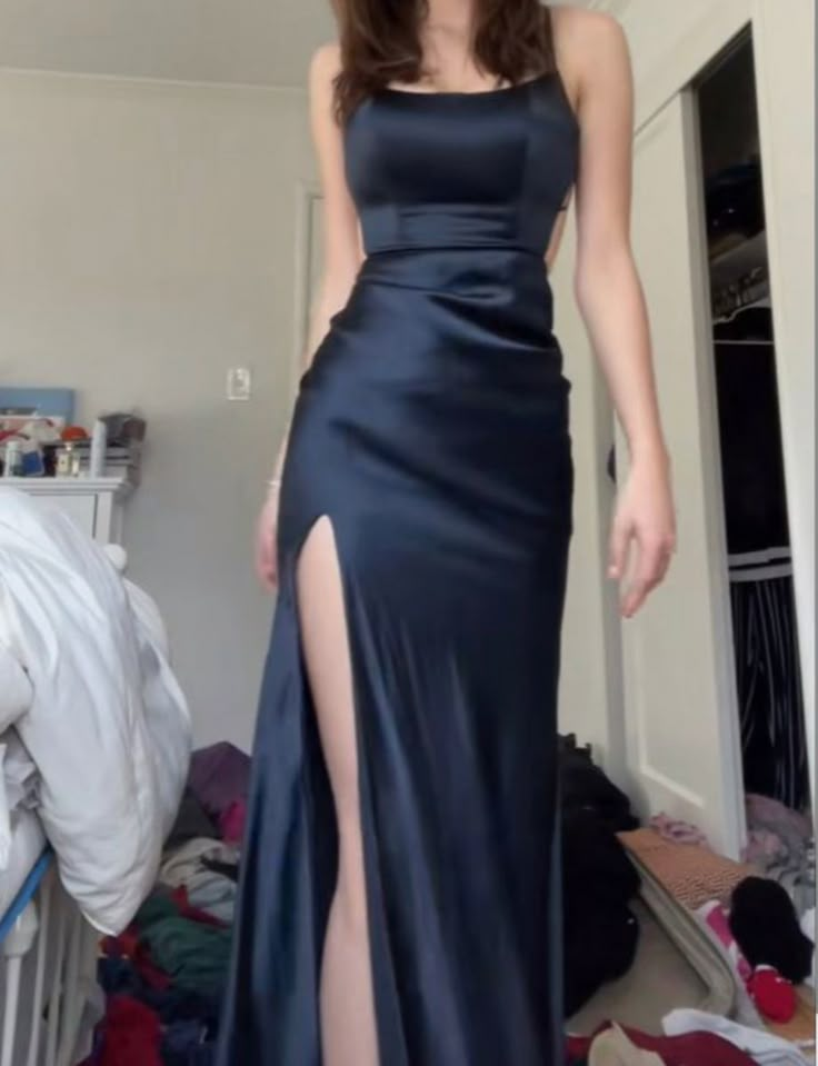 Classy Spaghetti Straps Navy Blue Satin Slit Mermaid Bridesmaid Dress Long Wedding Guest Dress D1639