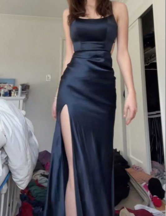 Classy Spaghetti Straps Navy Blue Satin Slit Mermaid Bridesmaid Dress Long Wedding Guest Dress D1639