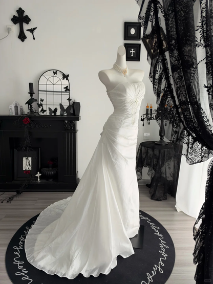 Classy Strapless White Satin Pleated Beaded Mermaid Long Party Dress Prom Dress D4702