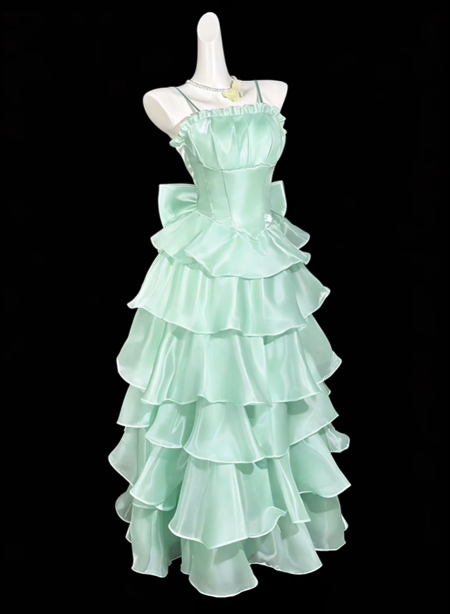 Elegant Spaghetti Straps Green Satin Tulle Layered Long Party Dress Evening Dress With Bow D4172