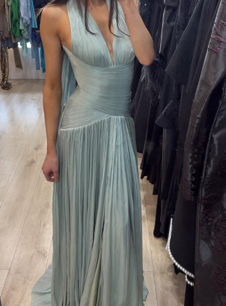 Elegant Blue Halter V Neck Chiffon Pleated Mermaid Evening Dress Long Wedding Guest Dress D1361