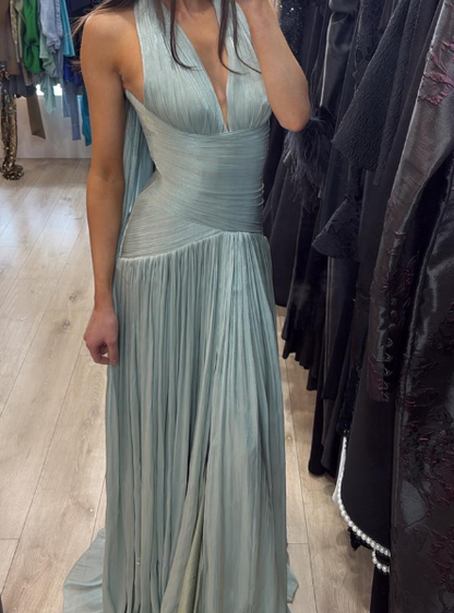 Elegant Blue Halter V Neck Chiffon Pleated Mermaid Evening Dress Long Wedding Guest Dress D1361