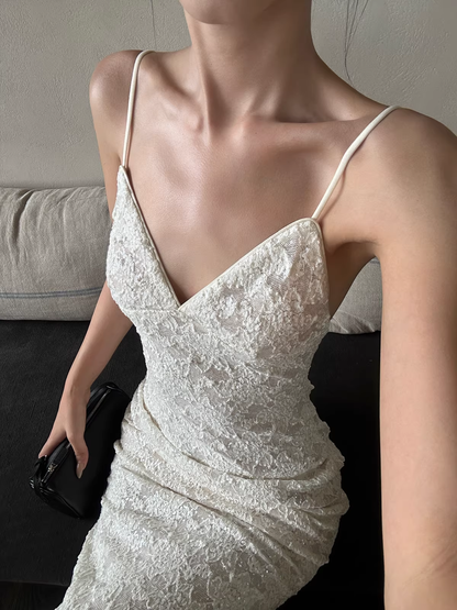 Pretty Spaghetti Straps V Neck Off White Lace Sequin Mermaid Long Evening Dress Formal Wedding Guest Dress D2125
