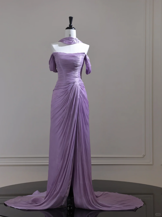 Pretty Purple Off The Shoulder Tulle Pleated Mermaid Long Party Dress Evening Dress D3130