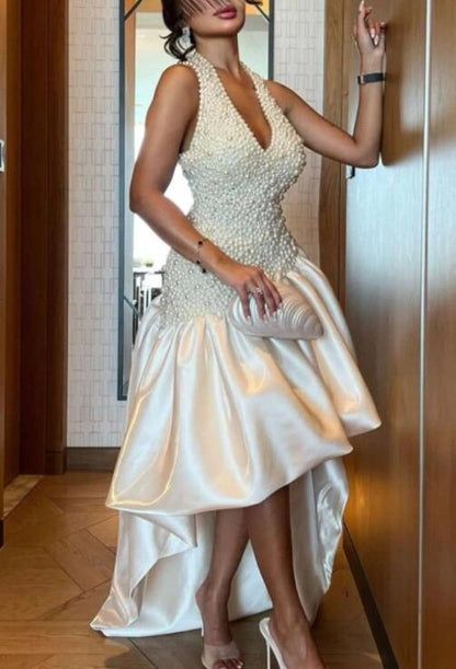 Gorgeous Halter Satin Pearls Beaded Long Party Dress Prom Dress D4573