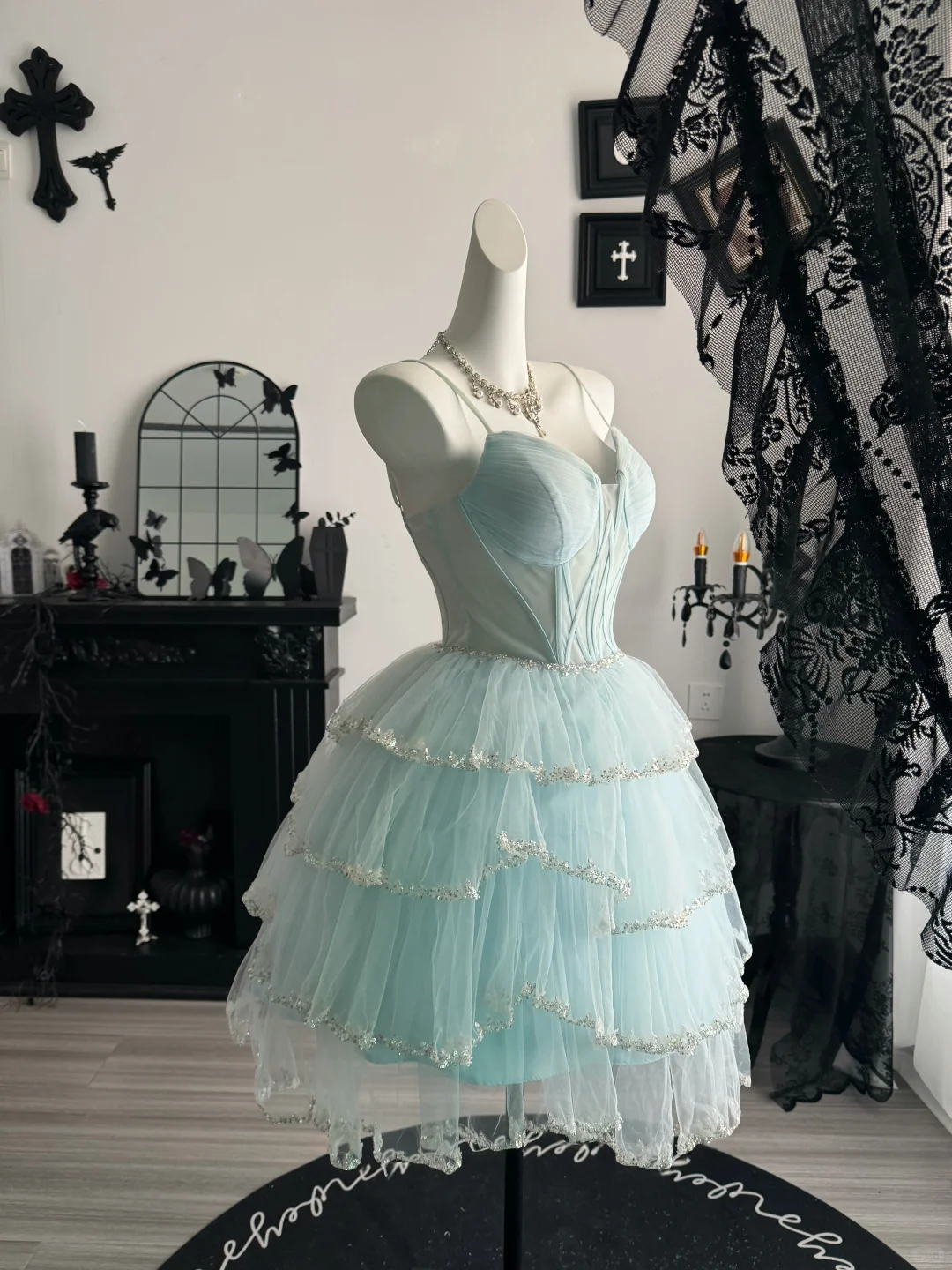 Cute Spaghetti Straps Blue Tulle Sequin Layered Short Graduation Homecoming Dress,Mini Birthday Dress D3719