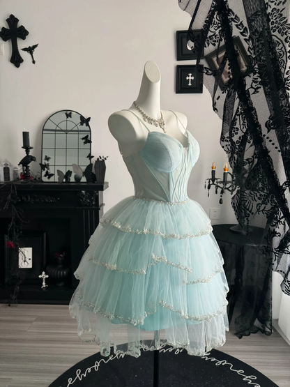Cute Spaghetti Straps Blue Tulle Sequin Layered Short Graduation Homecoming Dress,Mini Birthday Dress D3719