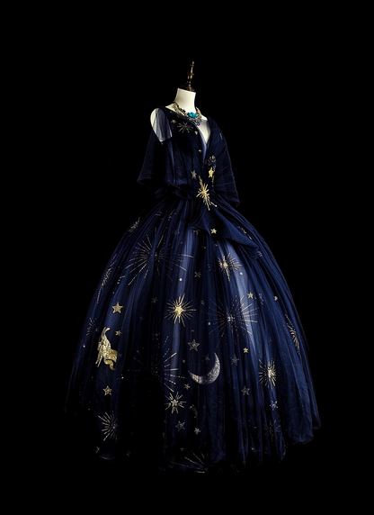 Elegant Navy Blue Tulle Star Moon Sequin Long Evening Dress Party Dress D5380