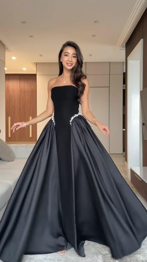 Pretty Strapless Black Velvet Satin Beaded Long Birthday Party Dress Evening Dress D4579
