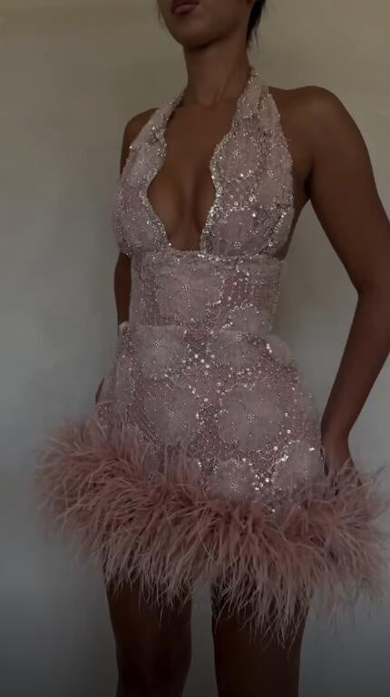 Elegant V Neck Satin Sequin Feathers Short Party Dress Pink Sheath Short Homecoming Dress D4454