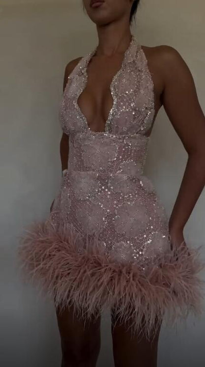 Elegant V Neck Satin Sequin Feathers Short Party Dress Pink Sheath Short Homecoming Dress D4454