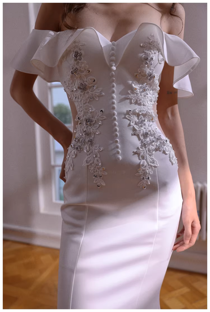 Elegant Off The Shoulder White Satin Appliques Mermaid Evening Dress Long Wedding Guest Dress D2430