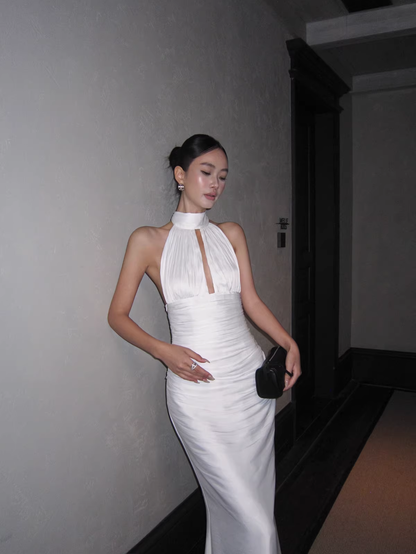 Sexy Halter White Satin Pleated Mermaid Long Wedding Guest Dress Birthday Prom Dress Evening Gown D2130