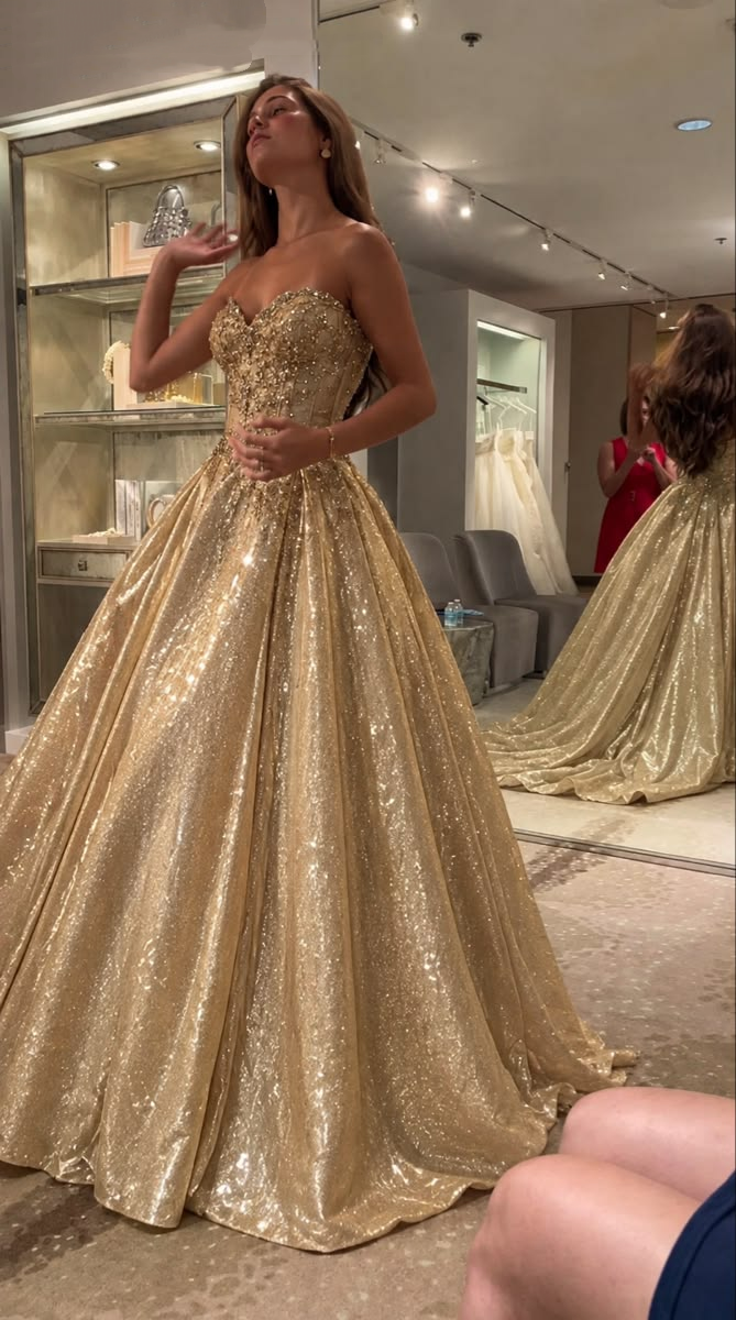 Sparkly Strapless Satin Sequin Beaded Long Evening Dress Gold Long Prom Gown D4997