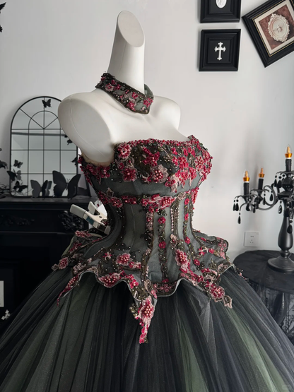 Vintage Black And Green Tulle Appliques Beaded Long Quinceanera Dress Strapless Sweet 15 Dress D4716