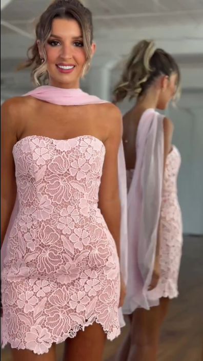 Glamorous Pink Lace Short 6th Grade Homecoming Dress Strapless Short Prom Dress D4374