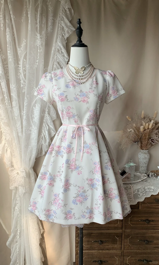 Pretty White Satin Print Floral A Line Short Birthday Outfits,Formal 8th Grade Homecoming Dress D3190