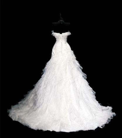 Classy Strapless White Tulle Appliques Layered Mermaid Long Wedding Guest Dress Formal Bridal Dress D1829