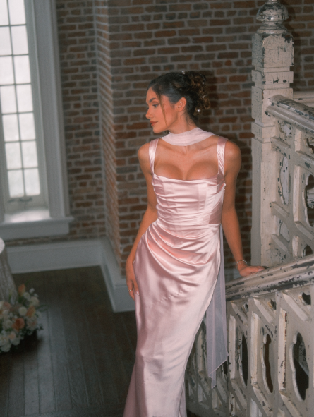 Eleagnt Spaghetti Straps Satin Pleated Mermaid Evening Dress,Pink Long Party Dress D4103