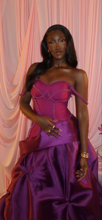 Gorgeous Spaghetti Straps Satin Beaded Fuchsia Long Prom Dress Evening Gown D4594