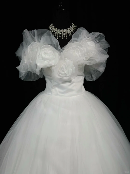 Fairy Ball Gown Off The Sholder 3D Flowers White Tulle Beaded Long Evening Dress Birthday Dress D2507