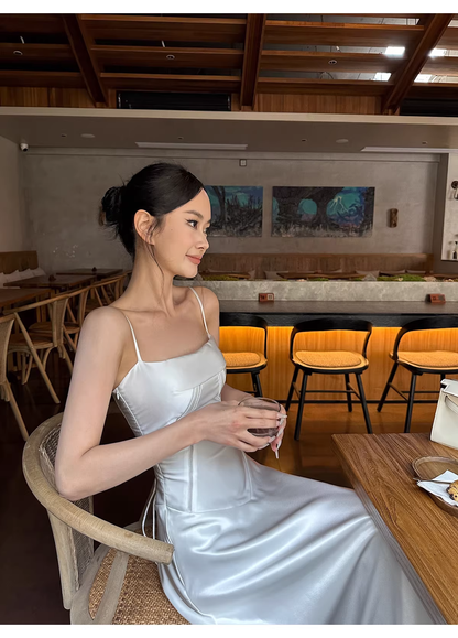 Classy Spaghetti Straps White Satin A Line Long Birthday Evening Dress Formal Wedding Guest Dress D2128