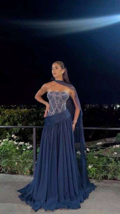 Unique Strapless Chiffon Beaded A Line Long Evening Dress Navy Blue Long Party Gown D5018