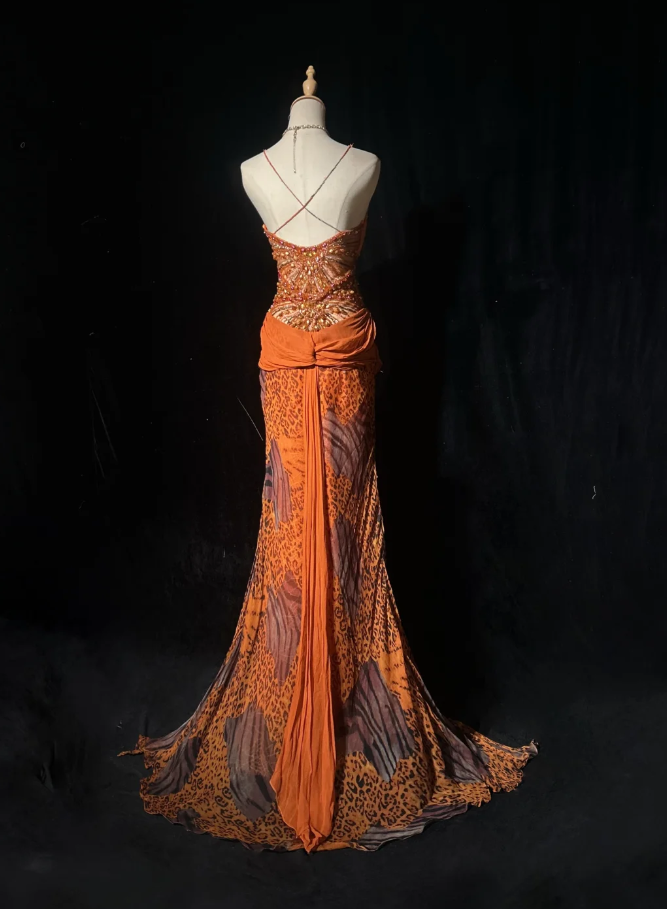 Elegant Spaghetti Straps Chiffon Lace Beaded Mermaid Evening Dress Orange Long Party Gowns D1934