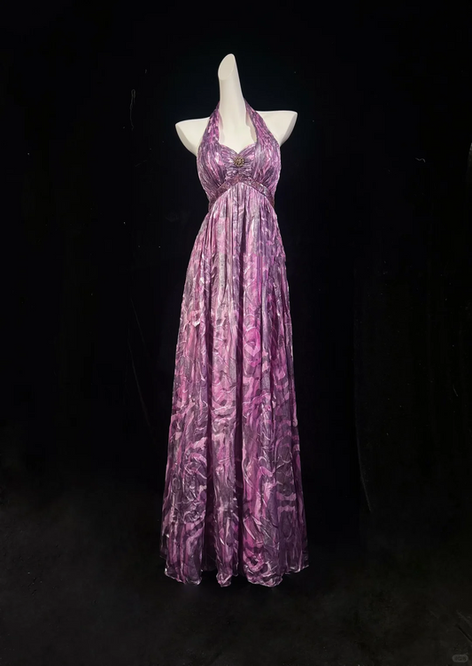 Unique Halter Purple Tulle Print Floral A Line Evening Dress Long Wedding Guest Dress D3123
