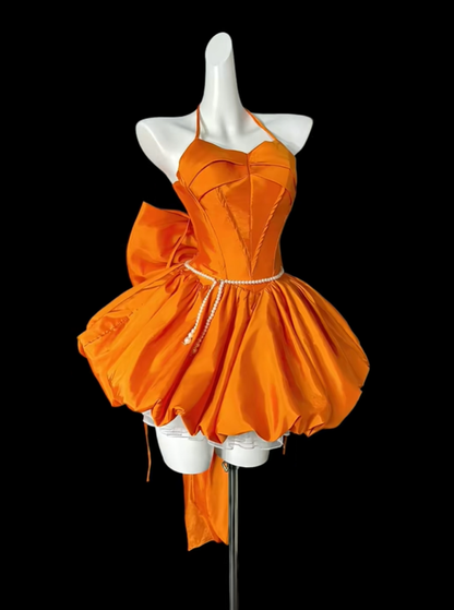 Fashion Orange Halter Satin A Line Short Homecoming Dress Birthday Dress With Bow D4162