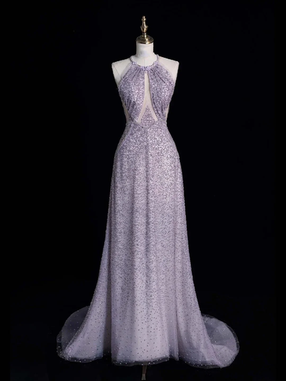 Shiny Halter Sleeveless Tulle Sequin Beaded Mermaid Evening Dress Lilac Long Party Dress D4855